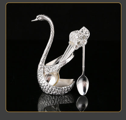 Silver Elegant Swan Cutlery Holder Set with 6 Dessert Spoons