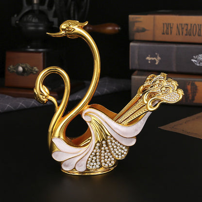 Gold Elegant Double Swan Cutlery Holder Set with 6pcs Spoons