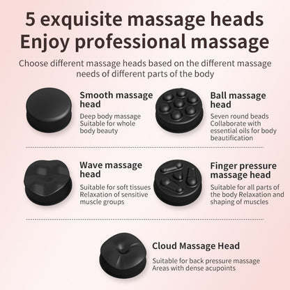 Black Handheld Electric Vibration Massager - 6 Speeds, 5 Heads for Full Body Relief