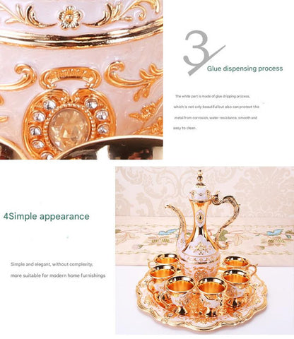 Elegant Gold Metal Serving Set - Decanter, 6 Cups, Tray (White Gold)