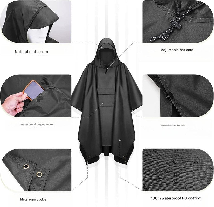 Black Portable Outdoor Camping Poncho - Can be used as Raincoat, Tarp, Ground Cover