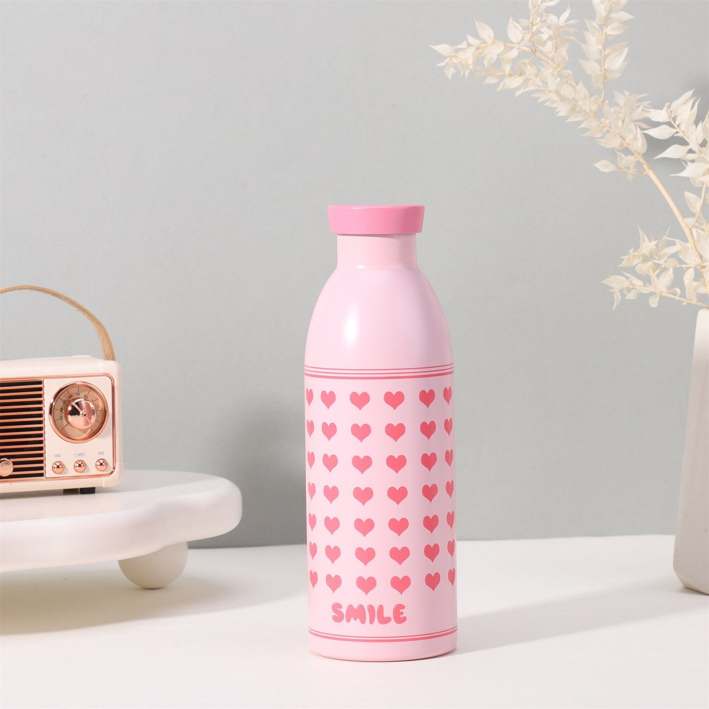Cute Milk Bottle Thermos - 500ml Stainless Steel Insulated Water Bottle (Pink love heart)