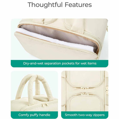 White Puffy Travel Wash Bag with Wide-Mouth Access and Wet-Dry Pockets