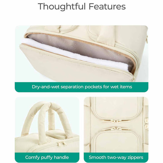 White Puffy Travel Wash Bag with Wide-Mouth Access and Wet-Dry Pockets