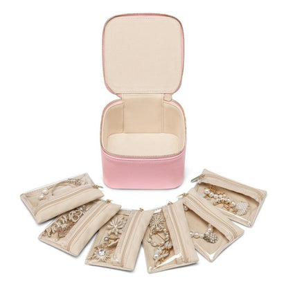 Pink Compact Travel Jewelry Box with 6 Individual Velvet Zipper Pouches