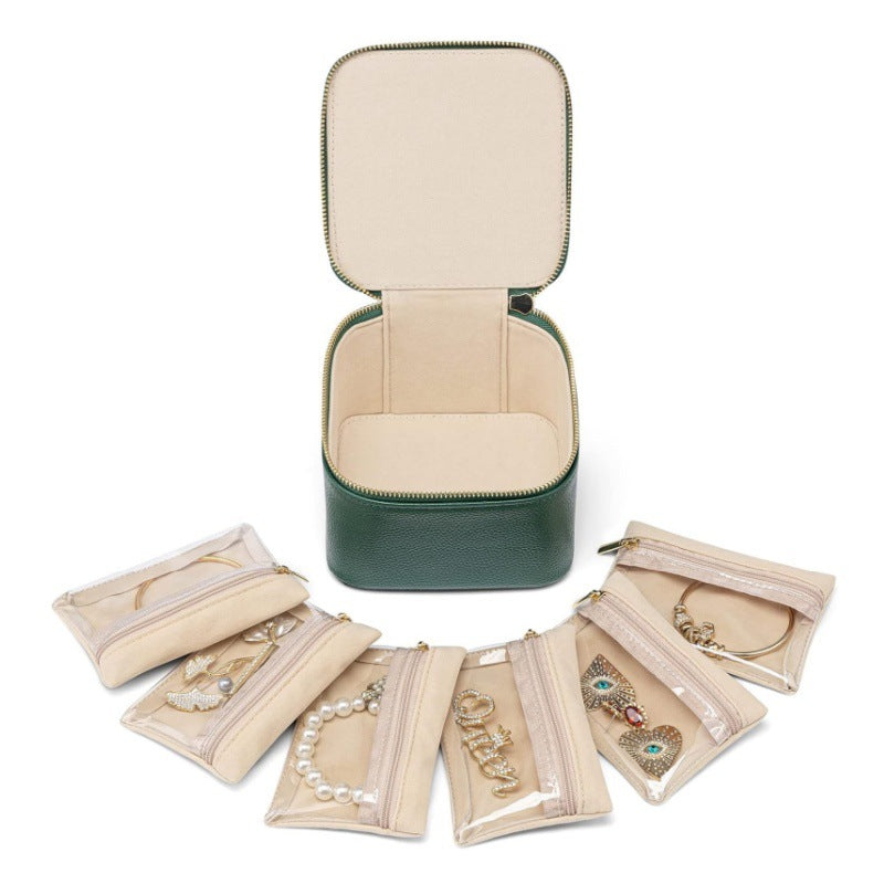 Green Compact Travel Jewelry Box with 6 Individual Velvet Zipper Pouches