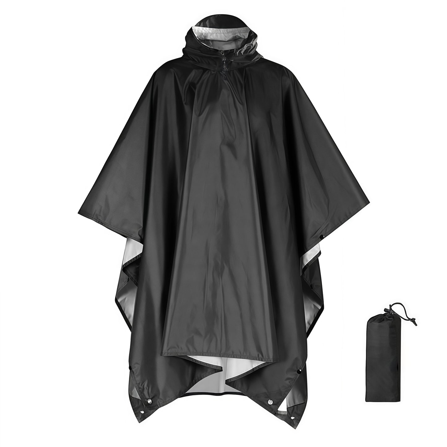 Black Portable Outdoor Camping Poncho - Can be used as Raincoat, Tarp, Ground Cover (Polyester silver coated without pockets)