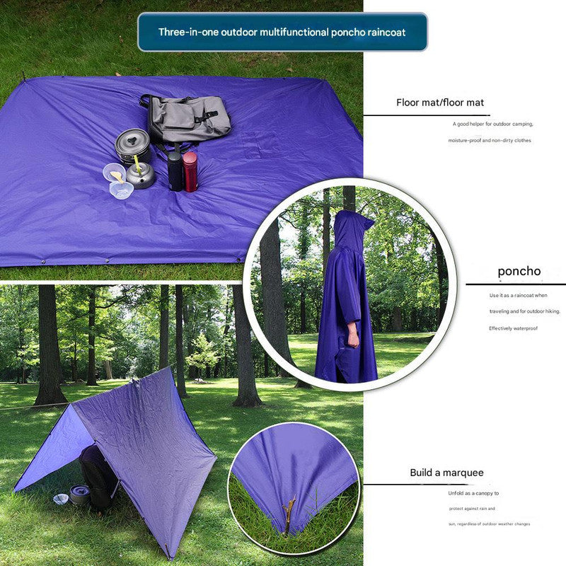 Blue Portable Outdoor Camping Poncho - Can be used as Raincoat, Tarp, Ground Cover (Polyester silver coated without pockets)