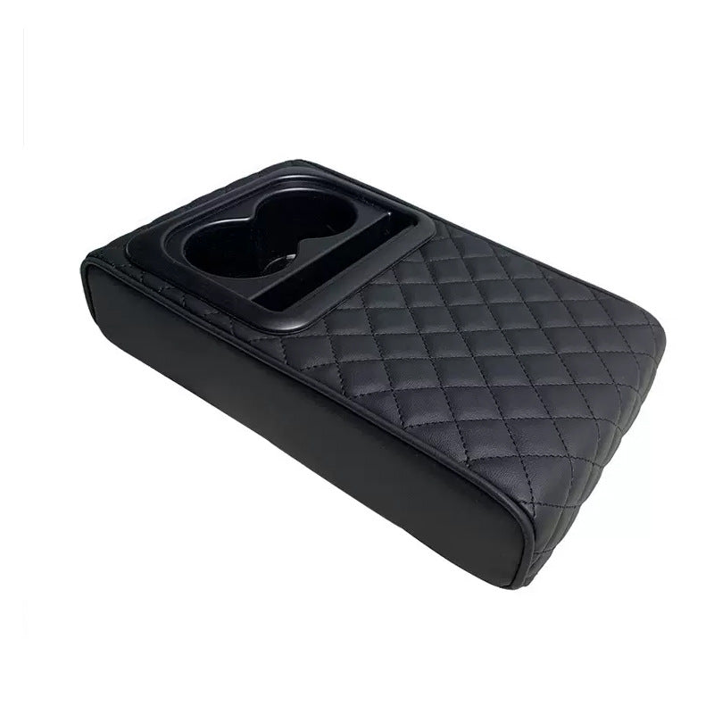Black Auto Center Console Armrest Riser Pad with Dual Cup Holders - PU Leather