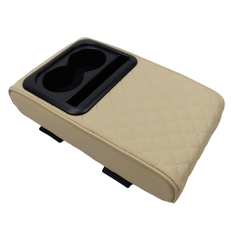 Beige Auto Center Console Armrest Riser Pad with Dual Cup Holders - PU Leather