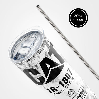 White Skinny Tumbler (591ml) - Fun CAT Oil Filter Replica for Construction Fans