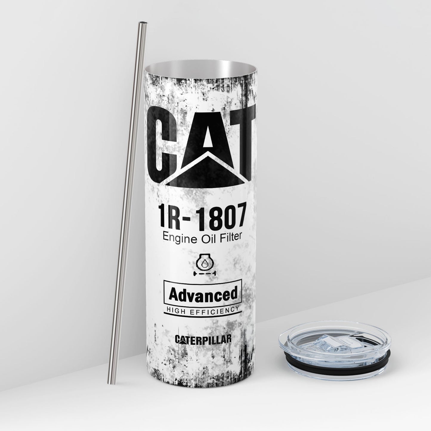 White Skinny Tumbler (591ml) - Fun CAT Oil Filter Replica for Construction Fans