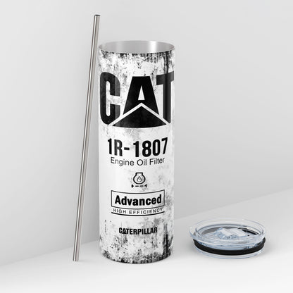 White Skinny Tumbler (591ml) - Fun CAT Oil Filter Replica for Construction Fans