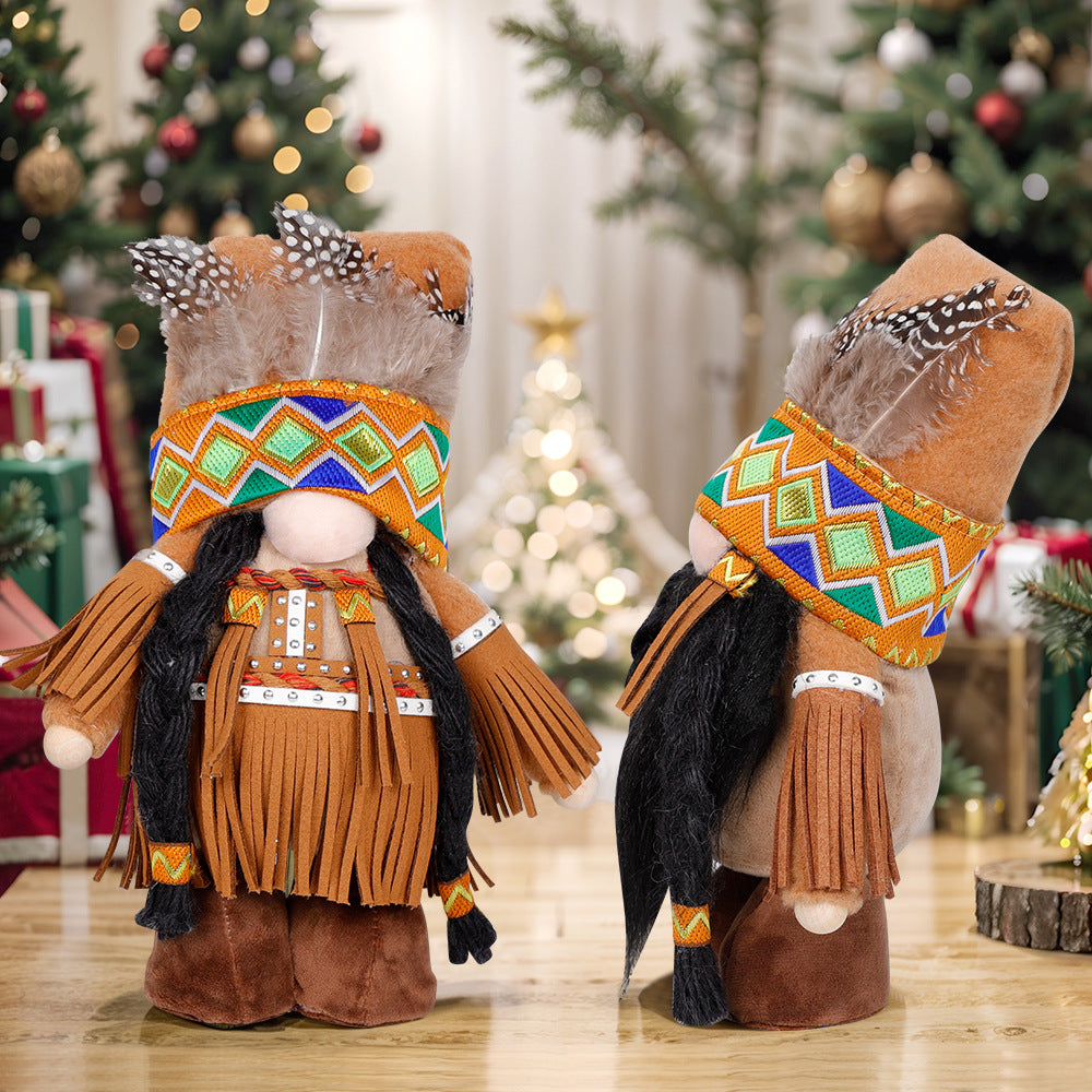 Plush Thanksgiving Dolls - Faceless Figures with Fringe & Braids (Set of 2)