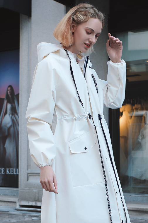 White Women's Long Waterproof Raincoat with Hood and Visor - Stylish Rain Jacket (Size - L)