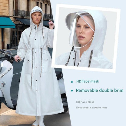 White Women's Long Waterproof Raincoat with Hood and Visor - Stylish Rain Jacket (Size - XL)