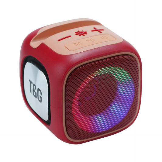 Red T&G Portable Cube Bluetooth Speaker - RGB Lights, FM Radio, Multi-Input Sound System
