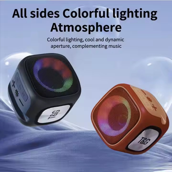 Red T&G Portable Cube Bluetooth Speaker - RGB Lights, FM Radio, Multi-Input Sound System