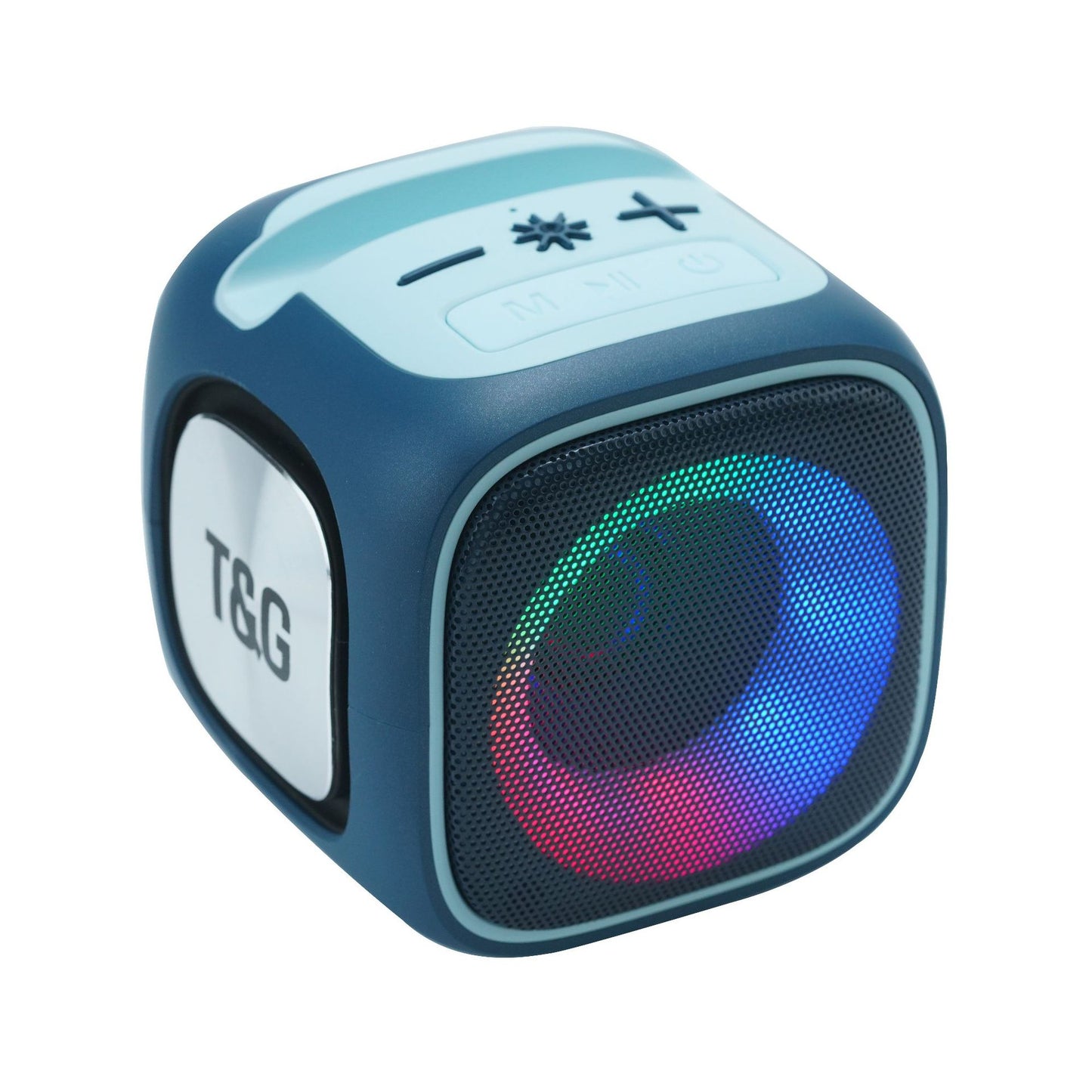 Blue T&G Portable Cube Bluetooth Speaker - RGB Lights, FM Radio, Multi-Input Sound System