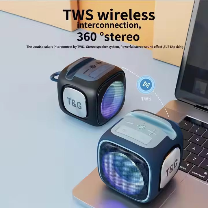 Blue T&G Portable Cube Bluetooth Speaker - RGB Lights, FM Radio, Multi-Input Sound System