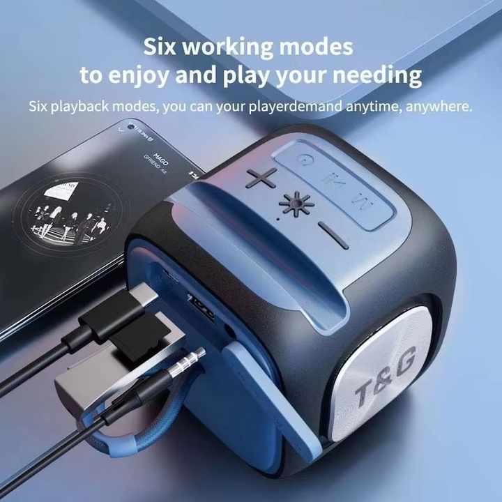 Blue T&G Portable Cube Bluetooth Speaker - RGB Lights, FM Radio, Multi-Input Sound System