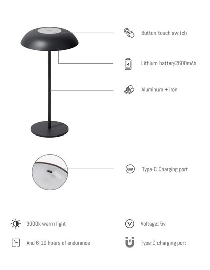 Black Minimalist Rechargeable LED Touch Table Lamp - 3-Color Stepless Dimming Metal Desk Light