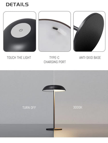 Brown Minimalist Rechargeable LED Touch Table Lamp - 3-Color Stepless Dimming Metal Desk Light
