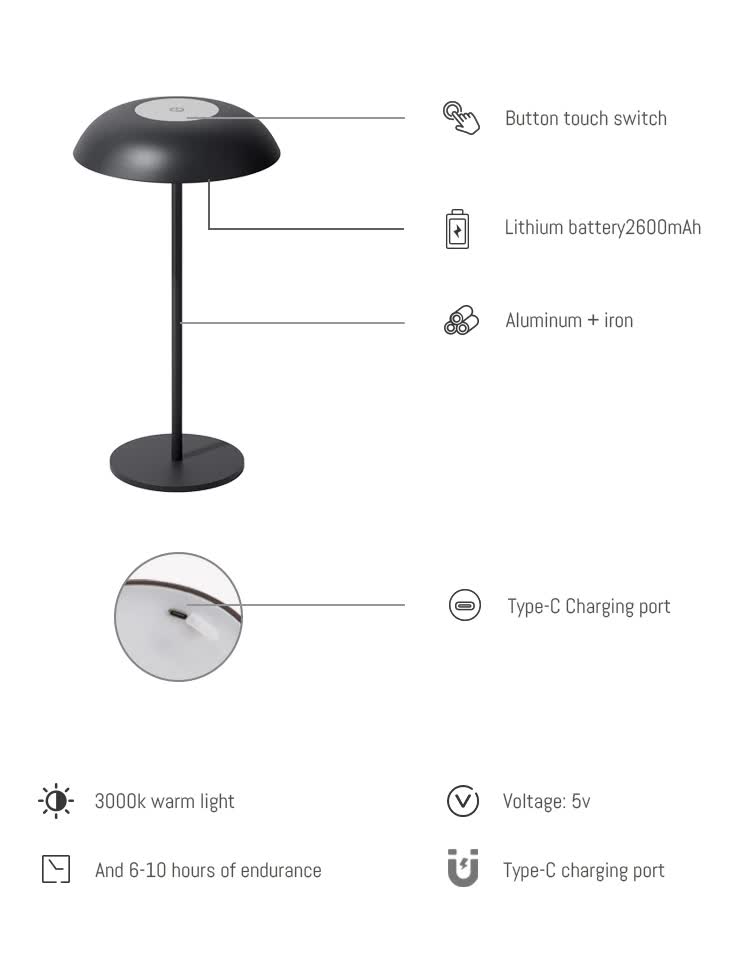Brown Minimalist Rechargeable LED Touch Table Lamp - 3-Color Stepless Dimming Metal Desk Light