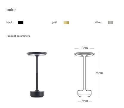 Black Elegant Aluminum Alloy Rechargeable LED Touch Lamp - 3-Color Dimmable Cordless Table Light