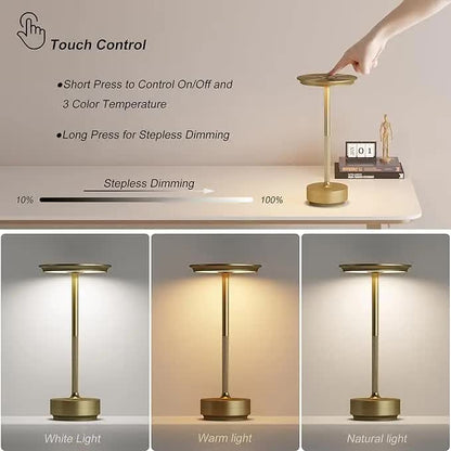 Black Elegant Aluminum Alloy Rechargeable LED Touch Lamp - 3-Color Dimmable Cordless Table Light