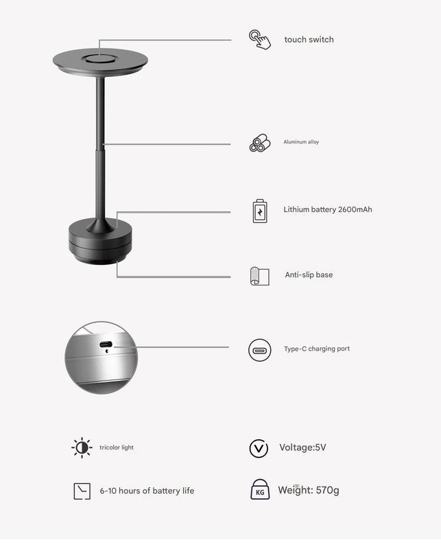 Black Elegant Aluminum Alloy Rechargeable LED Touch Lamp - 3-Color Dimmable Cordless Table Light