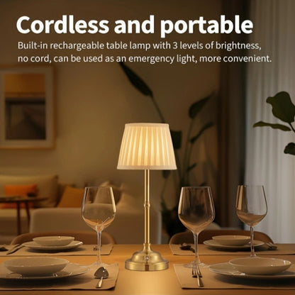 Gold and White Elegant Rechargeable Fabric Shade LED Lamp - Cordless Touch Stepless Dimmable Table Light