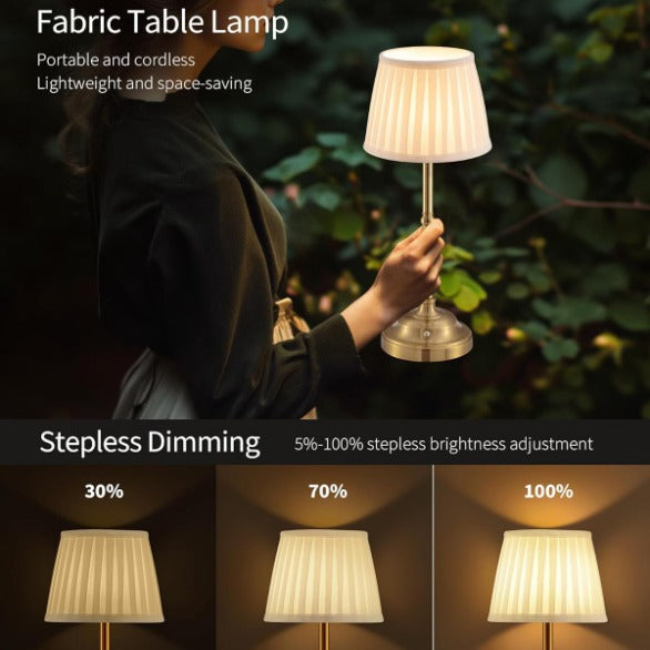 Gold and White Elegant Rechargeable Fabric Shade LED Lamp - Cordless Touch Stepless Dimmable Table Light