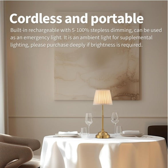 Gold and White Elegant Rechargeable Fabric Shade LED Lamp - Cordless Touch Stepless Dimmable Table Light