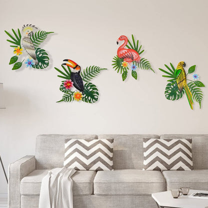 2 Pcs Grey And Green Vibrant Cockatoo Metal Wall Art - Tropical Leaves & Flowers Home Decor
