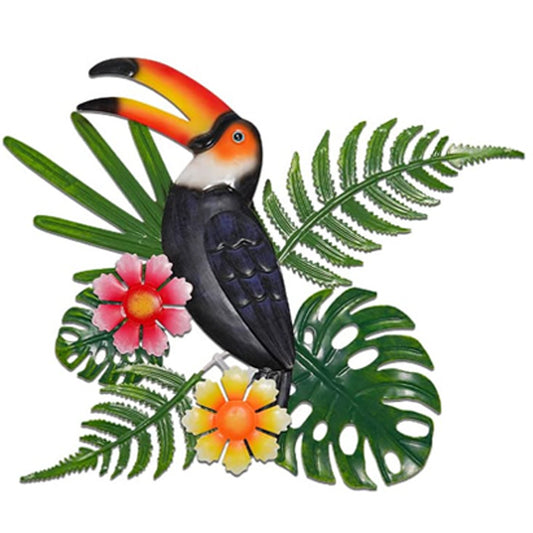 2 Pcs Black and Green Tropical Toucan Metal Wall Art - Colorful Bird & Leaves Indoor/Outdoor Decor