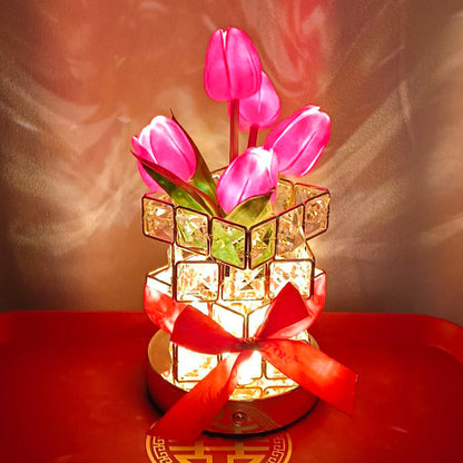 Pink Elegant Crystal Tulip LED Night Light - Rechargeable Touch Lamp with 3 Colors & Dimming