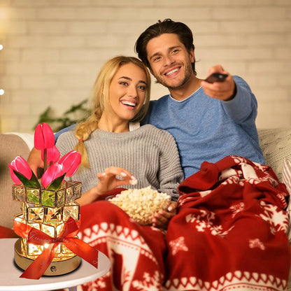 Pink Elegant Crystal Tulip LED Night Light - Rechargeable Touch Lamp with 3 Colors & Dimming