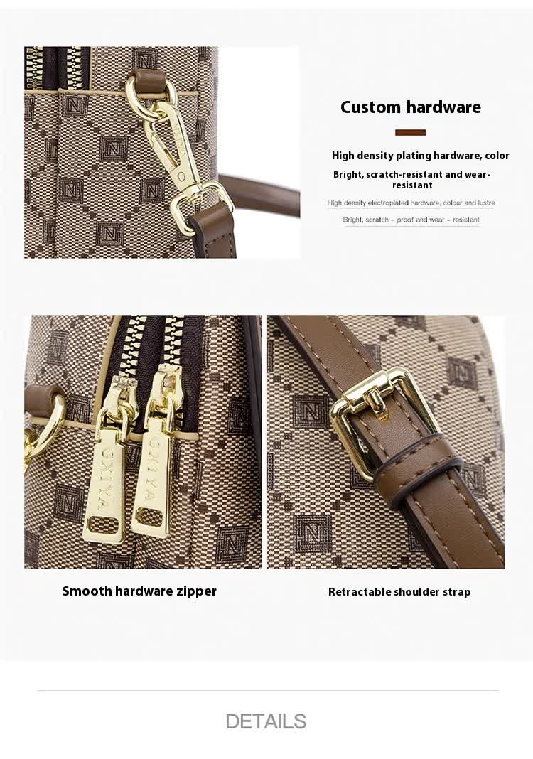Brown Chic Checkered Mini Crossbody Phone Purse - PU Leather Vertical Shoulder Bag with Headphone Port