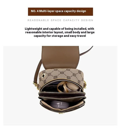 Brown Chic Checkered Mini Crossbody Phone Purse - PU Leather Vertical Shoulder Bag with Headphone Port