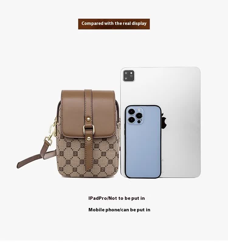 Brown Chic Checkered Mini Crossbody Phone Purse - PU Leather Vertical Shoulder Bag with Headphone Port