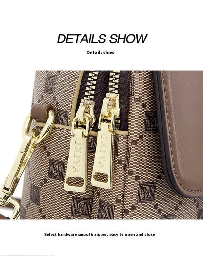 Brown Chic Checkered Mini Crossbody Phone Purse - PU Leather Vertical Shoulder Bag with Headphone Port