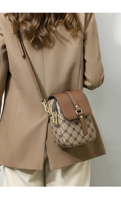 Brown Chic Checkered Mini Crossbody Phone Purse - PU Leather Vertical Shoulder Bag with Headphone Port