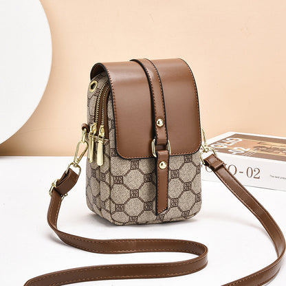Brown Chic Round Mini Crossbody Phone Purse - PU Leather Vertical Shoulder Bag with Headphone Port