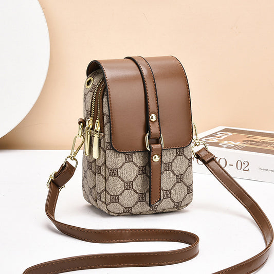 Brown Chic Round Mini Crossbody Phone Purse - PU Leather Vertical Shoulder Bag with Headphone Port