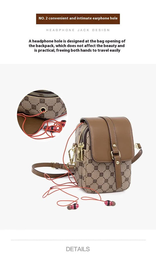 Brown Chic Round Mini Crossbody Phone Purse - PU Leather Vertical Shoulder Bag with Headphone Port