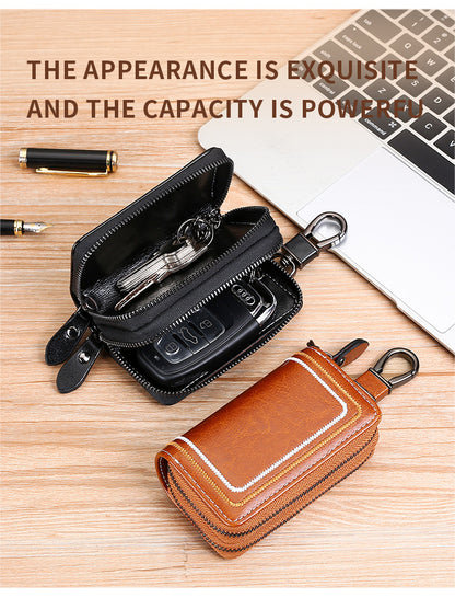 Red Premium Genuine Leather Double Zipper Key Case - Car & House Key Organizer Pouch