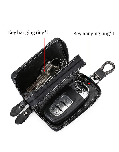 Red Premium Genuine Leather Double Zipper Key Case - Car & House Key Organizer Pouch