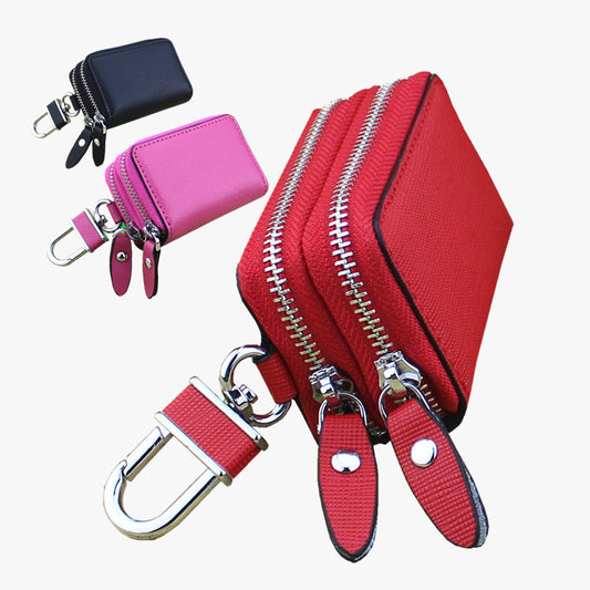 Light Pink Compact Crossgrain Leather Double Zipper Key Case - Stylish Car & Home Key Organizer
