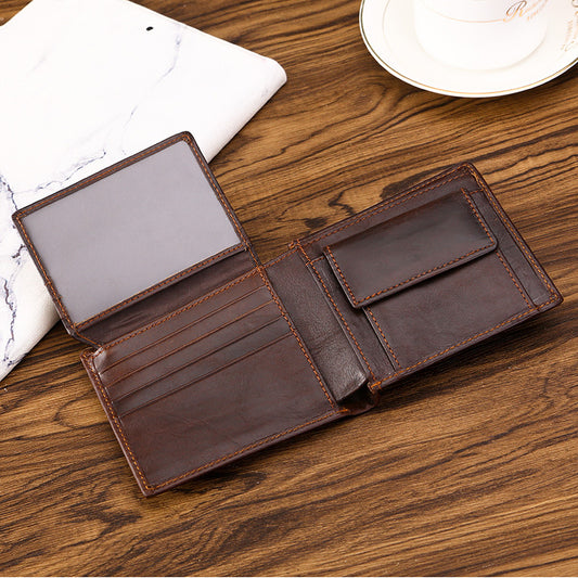 Coffee Genuine Leather RFID Blocking Wallet for Men - Vintage Bifold with Coin Pocket & ID Window